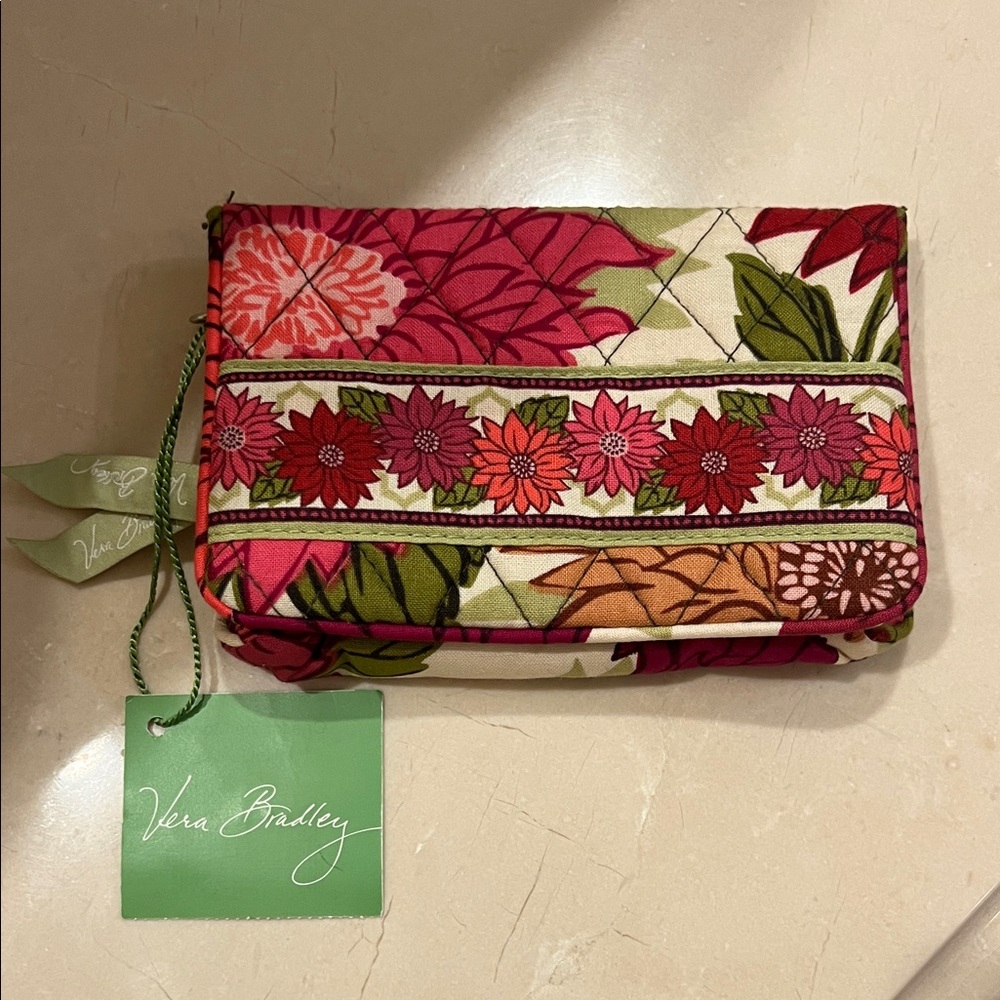 Vera Bradley Pink and Green Floral Hello Dahlia Trifold Organizer coin pouch